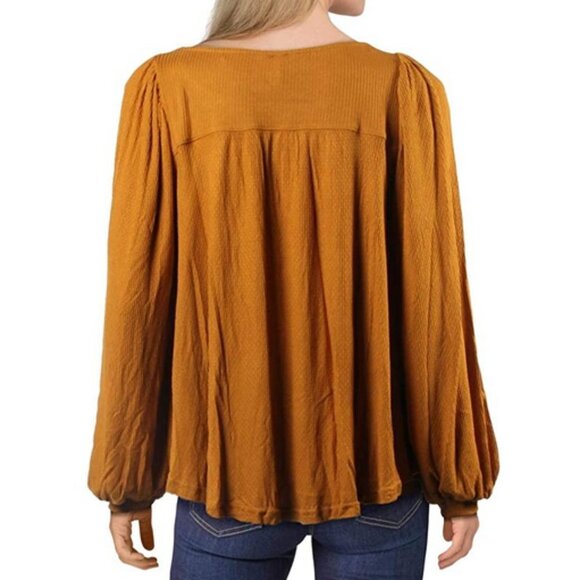 Free People Devin Knit Bishop Sleeve Yellow Scoop Neck Top XS Extra Small - Picture 3 of 13